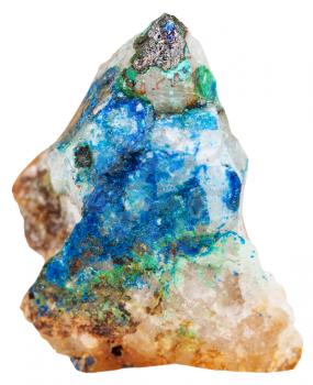 macro shooting of natural mineral stone - gray Tennantite crystal, green Tirolite mineral and blue Azurite gemstone on quarz rock isolated on white background
