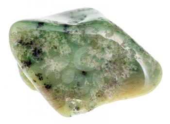 macro shooting of natural mineral stone - tumbled green Grossular garnet gemstone isolated on white background