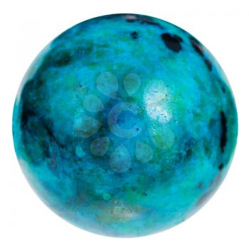 macro shooting of natural mineral stone - sphere from blue chrysocolla gemstone isolated on white background