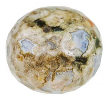 macro shooting of natural mineral stone - bead from green Madagascar Rhyolite (Ocean Jasper, Sea Jasper, Orbicular jasper) isolated on white background