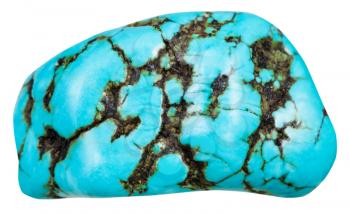 macro shooting of natural mineral stone - specimen of polished blue Howlite (turquenite, Turquonite, turquoise imitation) gemstone isolated on white background