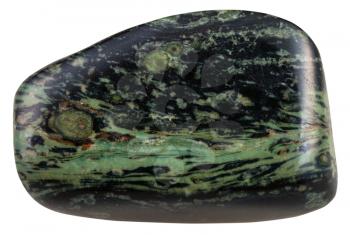 macro shooting of natural mineral stone - polished pebble of green rhyolite (madagascar jasper, ocean jasper) gemstone isolated on white background