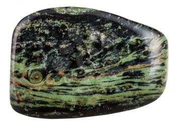 macro shooting of natural mineral stone - tumbled green rhyolite (madagascar jasper, ocean jasper) gemstone isolated on white background