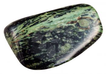 macro shooting of natural mineral stone - polished green rhyolite (madagascar jasper, ocean jasper) gemstone isolated on white background