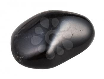 macro shooting of natural mineral stone - tumbled black obsidian gemstone from Mexico isolated on white background