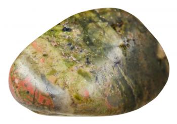 macro shooting of natural mineral stone - tumbled unakite (epidosite) gemstone isolated on white background