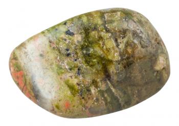 macro shooting of natural mineral stone - polished pebble of unakite (epidosite) gemstone isolated on white background