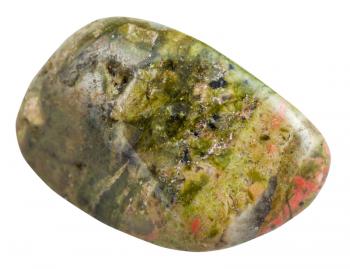 macro shooting of natural mineral stone - polished unakite (epidosite) gemstone isolated on white background