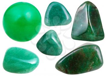 set of various green Aventurine natural mineral stones and gemstones isolated on white background
