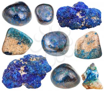 set of various azurite natural mineral stones and gemstones isolated on white background