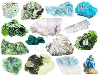 set of various natural mineral gemstones and crystals - ussingite, tennantite, tirolite, azurite, scolecite, turquoise, prehnite, demantoid, violane, blue, dioptase, etc isolated on white background