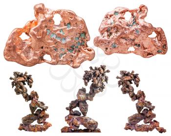 set of various native copper natural mineral stones isolated on white background