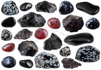 set of various obsidian natural mineral stones and gemstones isolated on white background