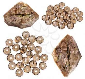 set of zircon crystals and beads from zircon natural mineral stones and gemstones isolated on white background