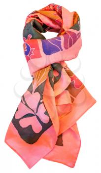 knotted hand painted batik red pink scarf with floral pattern isolated on white background