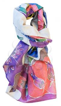 knotted hand painted batik silk red and purple scarf with floral pattern isolated on white background