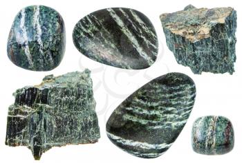 set of various natural mineral stones - Chrysotile (green asbestos, serpentine asbestos, white asbestos) gemstones isolated on white background