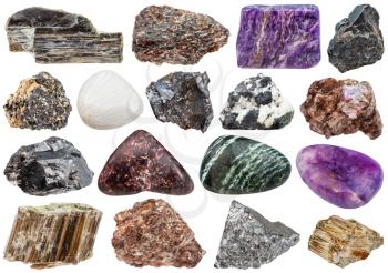 set of various natural mineral stones - stibnite, asbestos, chrysotile, charoite, phlogopite, corundum, perovskite, piemontite, scolecite, titanite, muscovite, ilmenorutile, ilmenite, sphalerite, etc