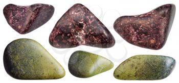 set of various natural mineral stones - polished red Piemontite (Manganepidot and manganesian epidote) and green Epidote gemstones isolated on white background