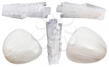 set of various natural mineral stones - scolecite gemstones and crystals isolated on white background
