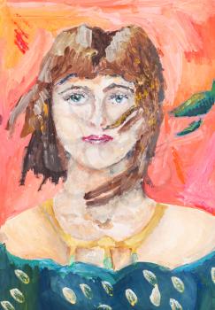 child's painting - Portrait of a young woman with green eyes hand painted by watercolor aquarelle gouache