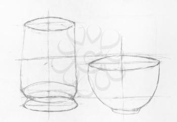 child's drawing - learning drawing of two bowls hand drawing by lead pencil