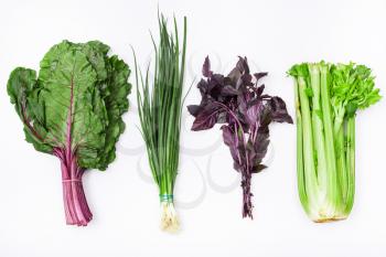 set from fresh cut greenery (celery, basil, chives, beet tops) on white background