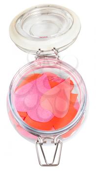 top view of many hearts cut out from paper in open glass jar isolated on white background