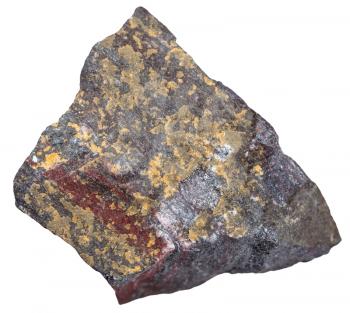 macro shooting of metamorphic rock specimens - piece of jaspillite (jaspilite, ferruginous quartzite) mineral isolated on white background