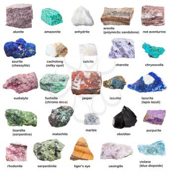 various raw decorative gemstones and minerals with names isolated on white background