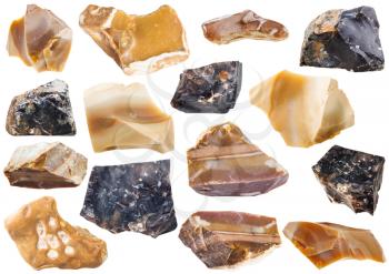 collection from specimens of flint stone isolated on white background