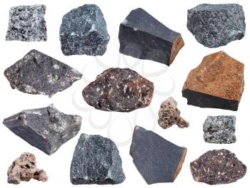 collection from specimens of basalt rock isolated on white background