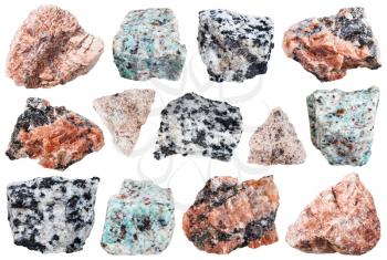 collection from specimens of granite rock isolated on white background