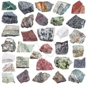 set of metamorphic rock specimens - amphibolite, migmatite, quartzite, skarn, quartz, schist, listvenite, jaspillite, shale, coal, serpentinite, hornfels, slate, phyllite, gneiss, talc, etc, isolated