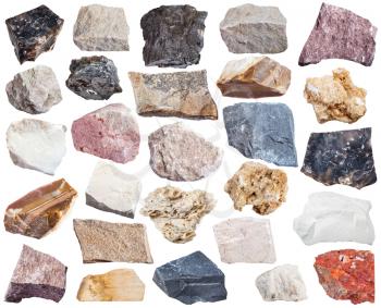 collection of sedimentary rock specimens - shale, conglomerate, argillite, mudstone, travertine, tufa, arenite, sandstone, coquina, bauxite, marl, dolomite, chalk, flint, anhydrite, etc, isolated