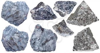 collection from specimens of antimony ore (Stibnite, antimonite) isolated on white background