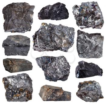 collection from specimens of various coal minerals isolated on white background