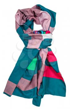 knotted scarf stitched from green, pink, red strips of silk fabrics isolated on white background