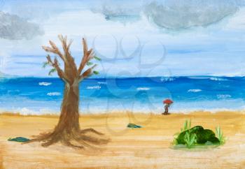 illustration painted by hand with watercolors - sea beach in rainy autumn day