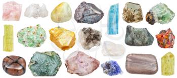 set of various mineral stones: tanzanite, apatite, orpiment, fluorite, amethyst, phlogopite, argillite, datolite, suevite, danburite, halite, petalite, beryl, edenite, realgar, etc isolated on white