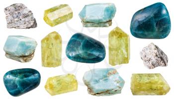 set of various apatite crystals, rocks and gemstones isolated on white background