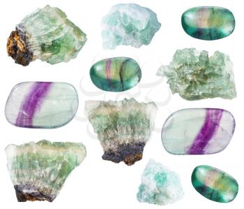 set of various fluorite crystals, rocks and gemstones isolated on white background