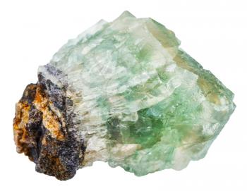 macro shooting of specimen of natural mineral - green fluorite crystals isolated on white background