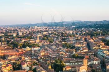 travel to Italy - above view of residential area in Bologna city from Torre Asinelli ( Asinelli Tower) at sunset
