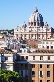 travel to Italy - view of apartment houses in Borgo district of Rome city and St Peter Basilica in Vatican San Angelo Castle