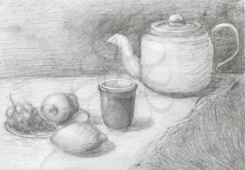 training picture - still life of teapot, cup and fruits drawn by lead pencil