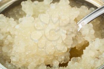 salty white caviar of halibut with spoon in tin close up