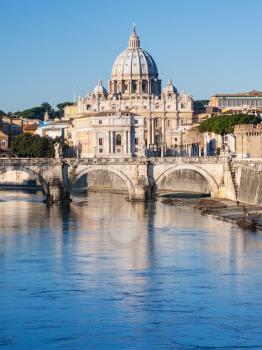 Travel to Italy - view of St Peter Basilica and Tiber River in Rome city in sunny winter day