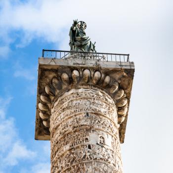 Travel to Italy - top of column of marcus aurelius , Roman victory column in Piazza Colonna in Rome city in winter
