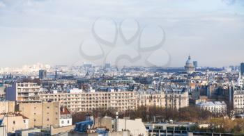 travel to France - above view 5th arrondissement and Pantheon in Paris city in winter twilight